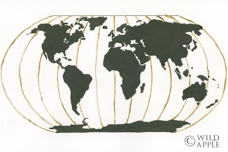 Reproduction of World Map Gold Lines by Chris Paschke - Wall Decor Art