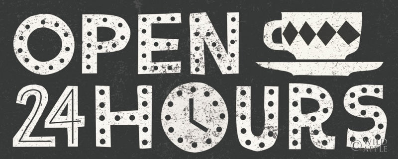 Reproduction of Retro Diner Black Open 24 Hours Panel by Michael Mullan - Wall Decor Art