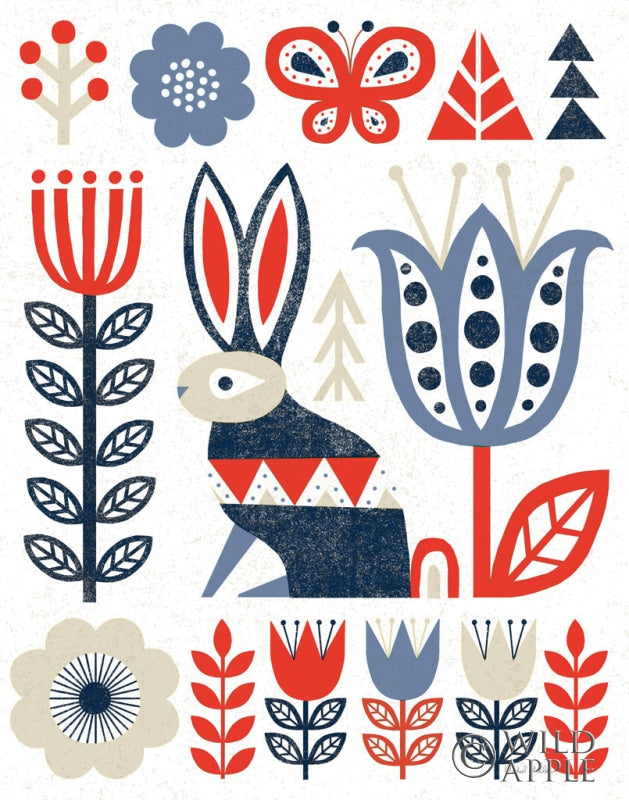 Reproduction of Folk Lodge Rabbit Red Navy by Michael Mullan - Wall Decor Art