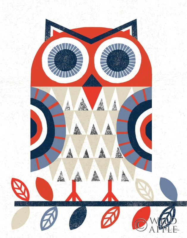 Reproduction of Folk Lodge Owl Red Navy by Michael Mullan - Wall Decor Art