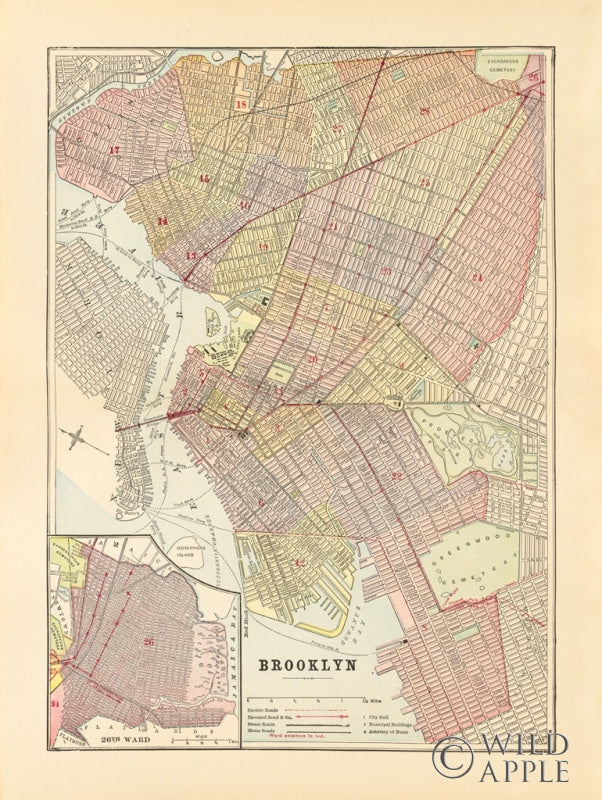Reproduction of Map of Brooklyn by Wild Apple Portfolio - Wall Decor Art