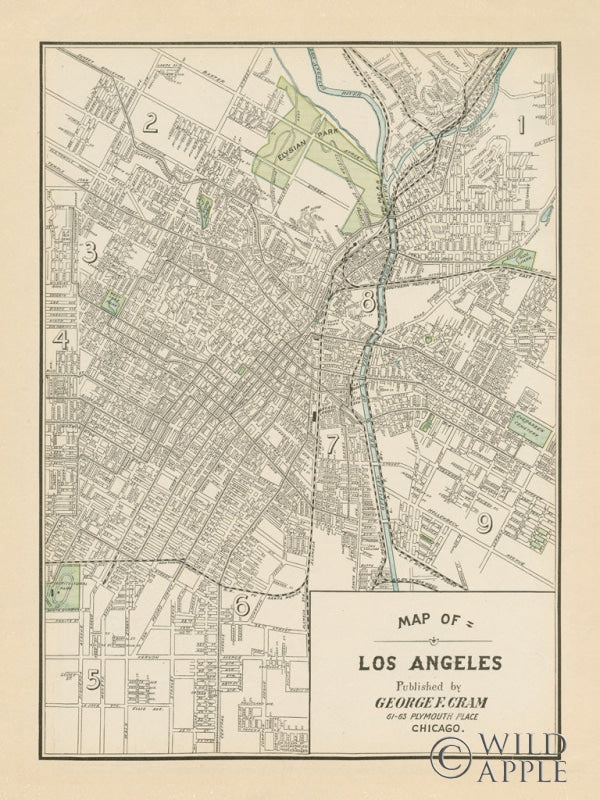Reproduction of Map of Los Angeles Light by Wild Apple Portfolio - Wall Decor Art