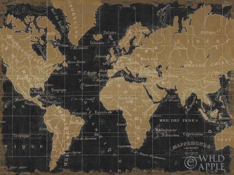 Reproduction of Mappemonde Borderless Black Gold by Pela Studio - Wall Decor Art