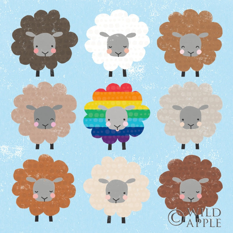 Reproduction of Be Ewe Brown and Rainbow Sheep Sq by Moira Hershey - Wall Decor Art