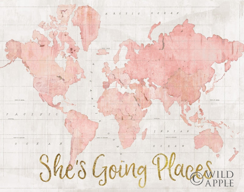 Reproduction of Across the World Shes Going Places Pink v2 by Sue Schlabach - Wall Decor Art