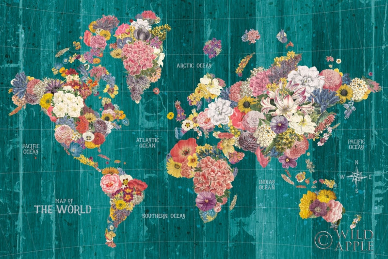 Reproduction of Botanical Floral Map Words Aqua by Wild Apple Portfolio - Wall Decor Art