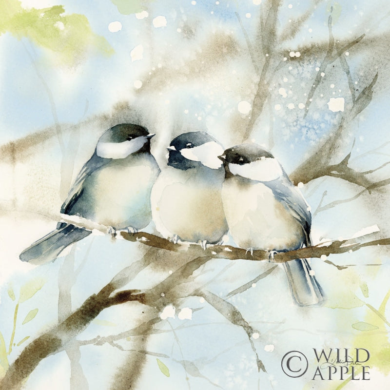 Reproduction of Three Chickadees in Spring Sq by Katrina Pete - Wall Decor Art