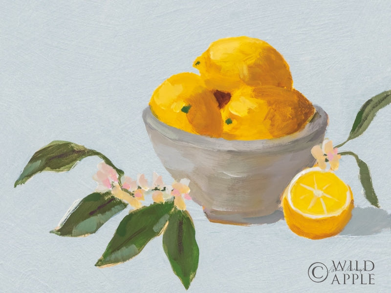 Reproduction of Lemons in Grey Bowl Blue Texture by Pamela Munger - Wall Decor Art