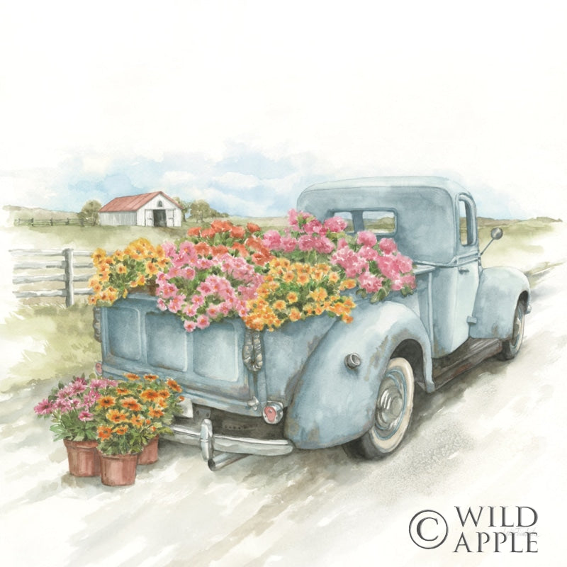 Truck With Flowers On Blue Sq Posters Prints & Visual Artwork